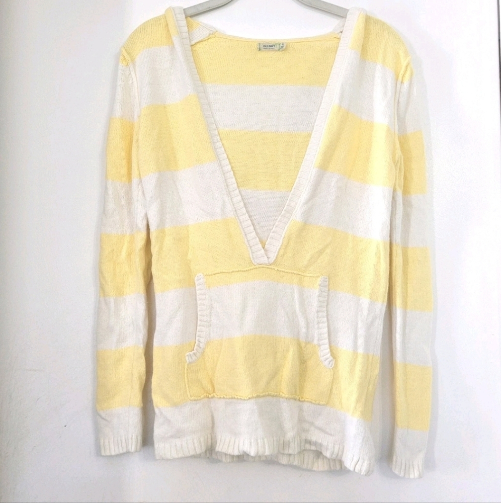 Vintage Y2k Striped Hooded Sweater Deep V-neck Kangaroo Pouch Rugby Soft Small